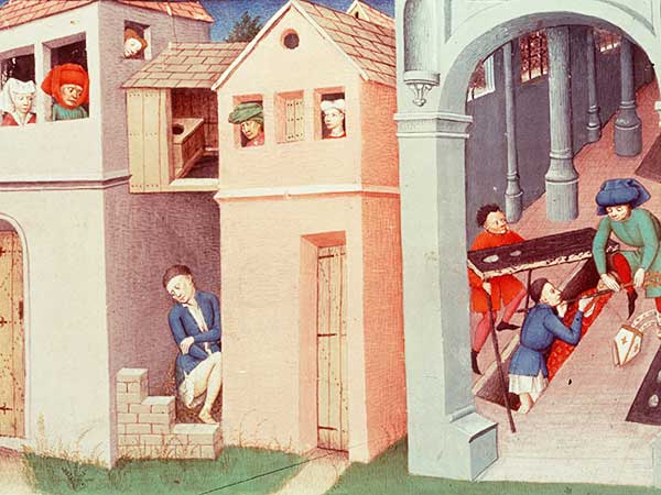 Ehgraben, darüber Abtritt (Illustration zu Boccaccios Decamerone)